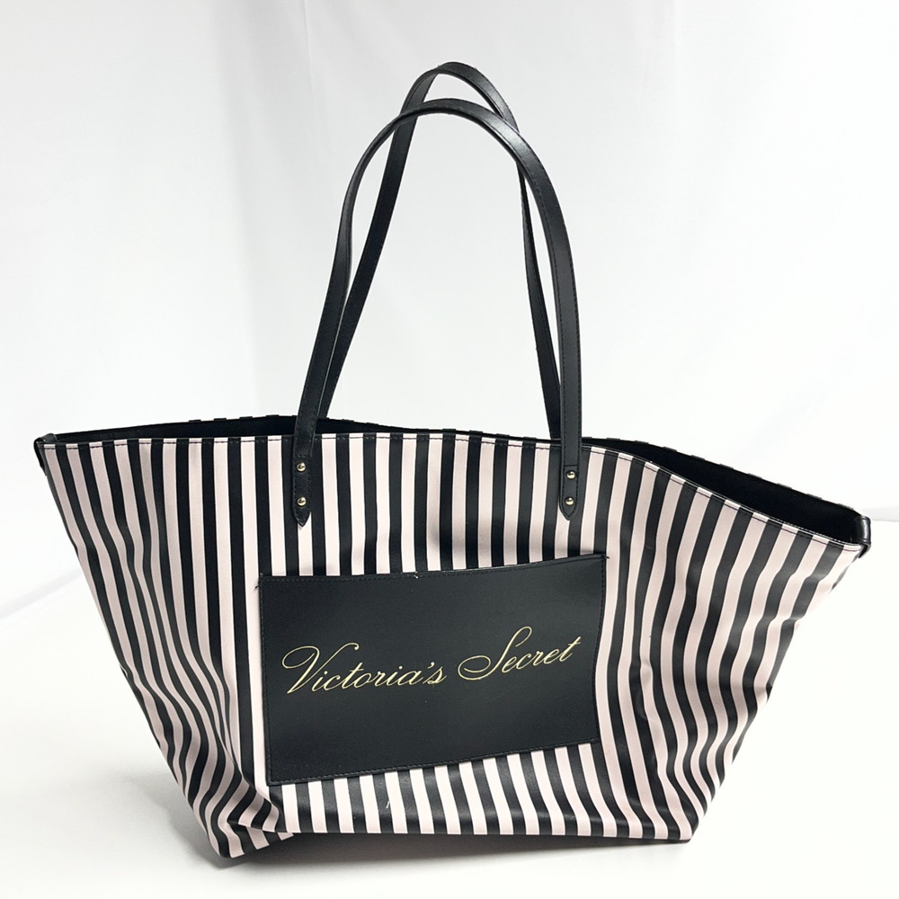Victoria's Secret Striped Weekender Tote Bag Purse Snap Button Shut 100% PVC